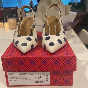 Tory Burch Navy and White Polka Dot Heels